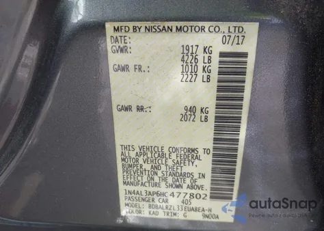 2017 Nissan Altima 2.5 Sl z USA, uszkodzony, nr VIN 1N4AL3AP6HC477802